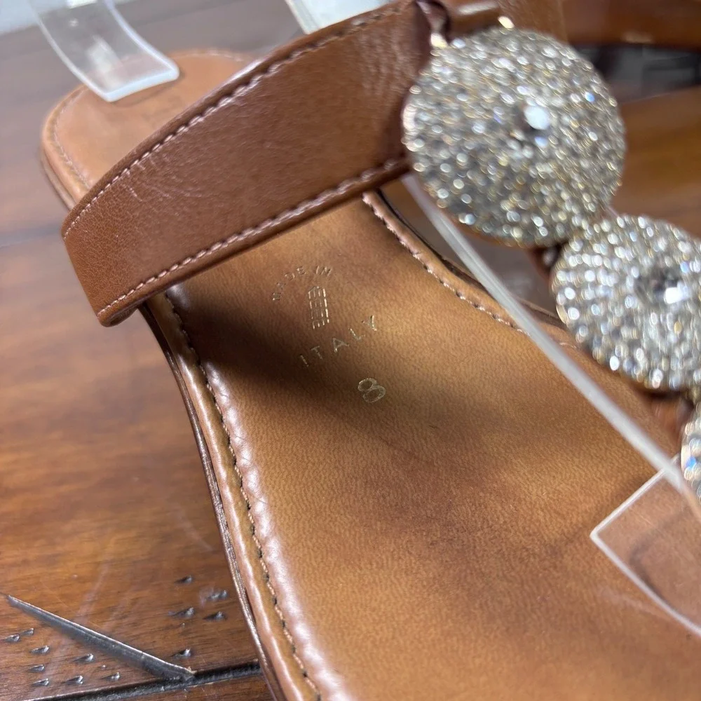 Toscanella Wedge Sandals Womens 8 Brn Leather Crystal Embellished Made in Italy